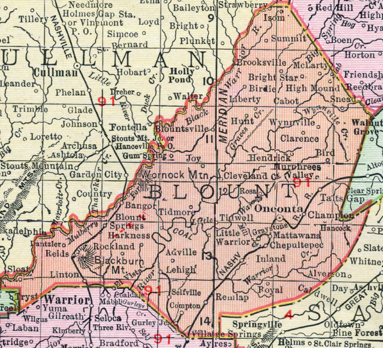 Blount County, Alabama, Map, 1911, Oneonta, Blountsville, Cleveland