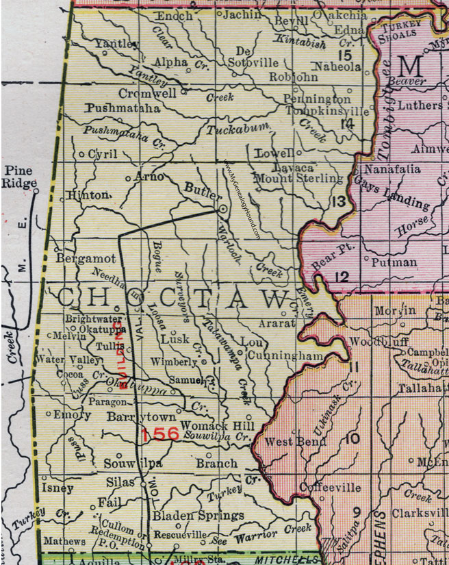 Choctaw County, Alabama, Map, 1911, Butler, Pennington, Silas, Cromwell, Cullomburg, Needham, Lavaca, Pushmataha, Yantley, Naheola, Oakchia, Ararat, Wimberly, Oakatuppa, Souwilpa