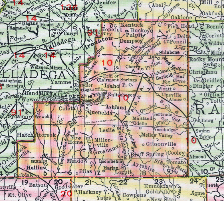 Clay County, Alabama, Map, 1911, Ashland, Lineville, Hollins, Millerville, Cragford, Delta, Pyriton, Sikesville, Ayrshire, Greshamton, Shinbone, Loombeam, Gibsonville, Cooley, Mellow Valley, Wesobulga