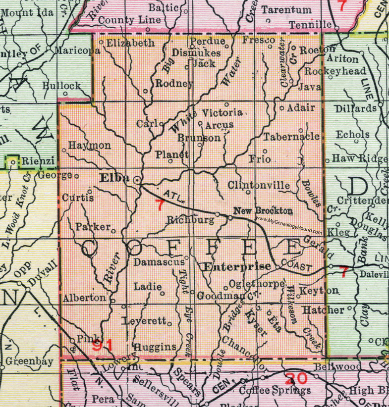 Coffee County, Alabama, Map, 1911, Elba, Enterprise, New Brockton