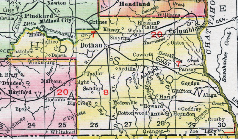 Houston County, Alabama, Map, 1911, Dothan, Columbia, Ashford, Cottonwood