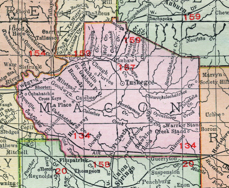Macon County, Alabama, Map, 1911, Tuskegee, Notasulga, Milstead, Franklin