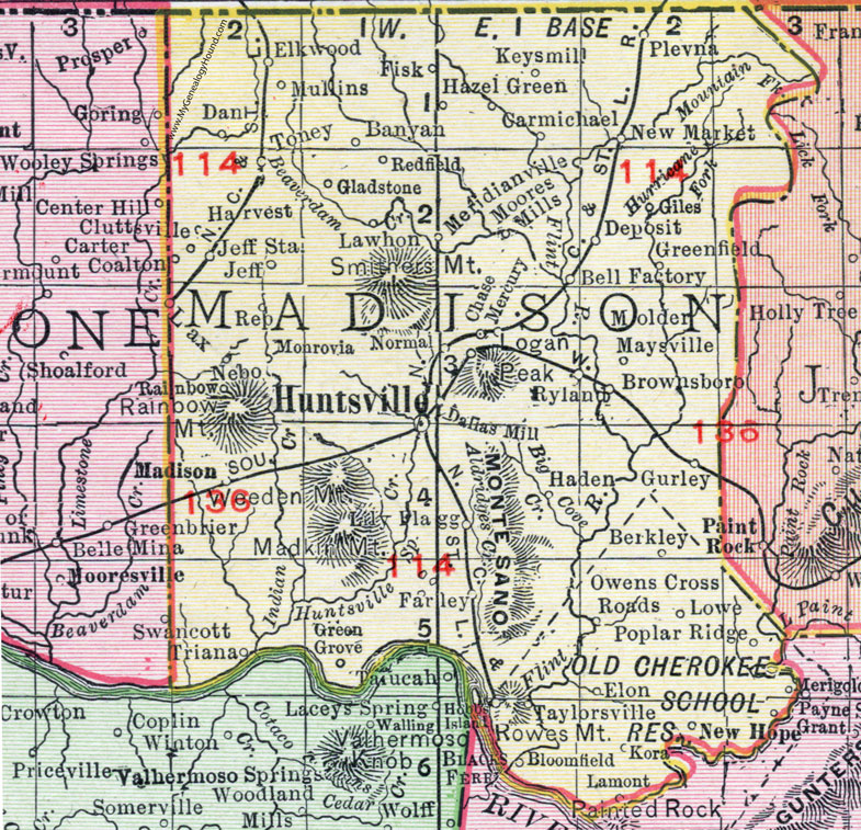 Madison County, Alabama, Map, 1911, Huntsville, Madison City, Hazel Green, Gurley
