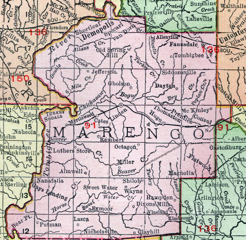 Marengo County, Alabama, Map, 1911, Demopolis, Linden, Thomaston, Faunsdale