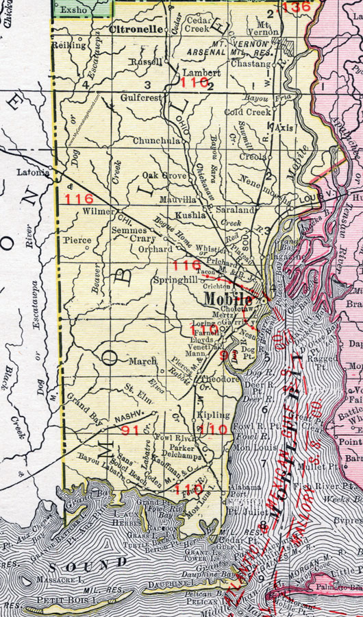 Mobile County, Alabama, Map, 1911, Mobile City, Theodore, Prichard, Saraland, Citronelle