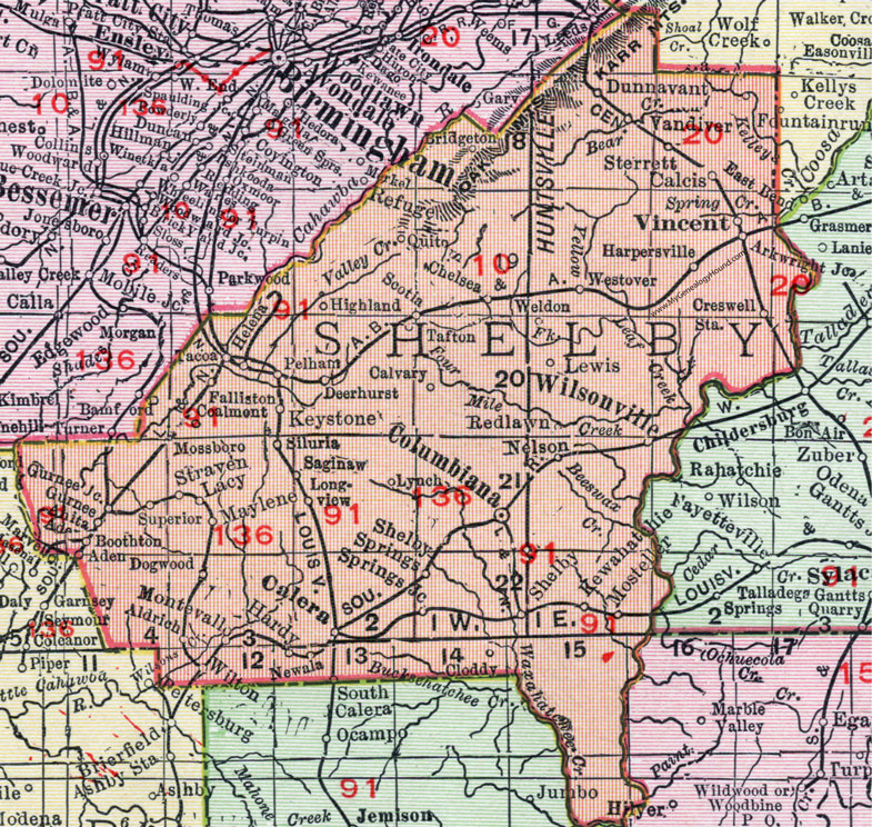Shelby County, Alabama, Map, 1911, Columbiana, Wilsonville, Pelham, Montevallo, Calera