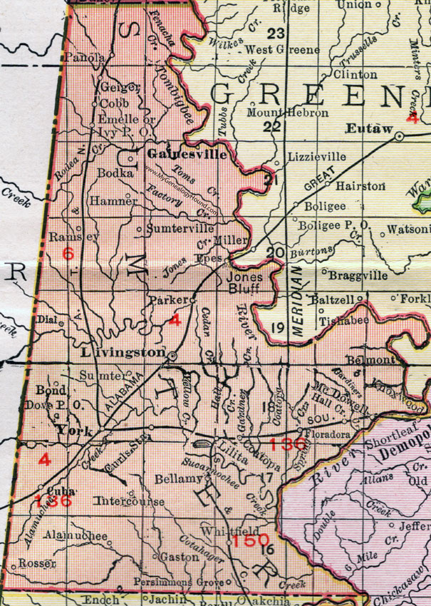 Sumter County, Alabama, Map, 1911, Livingston, York, Gainesville, Cuba, Geiger