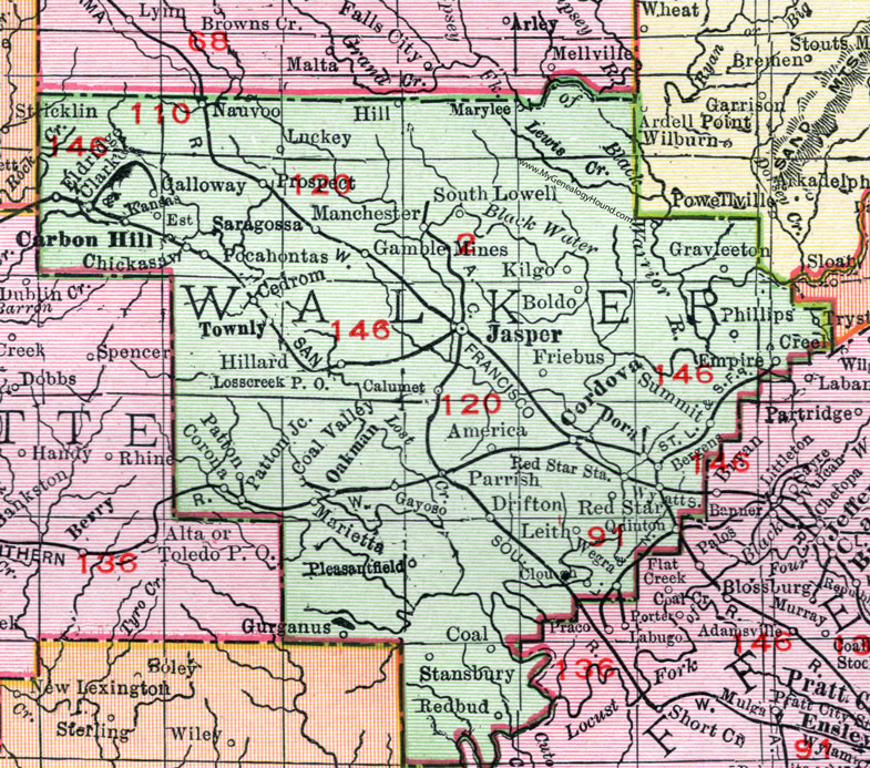 Walker County, Alabama, Map, 1911, Jasper, Carbon Hill, Cordova, Parrish, Dora