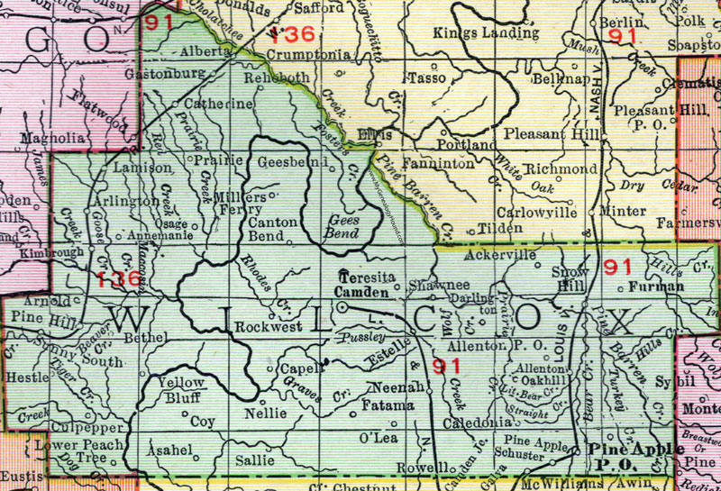 Wilcox County, Alabama, Map, 1911, Camden, Catherine, Pine Hill, Pine Apple, Yellow Bluff