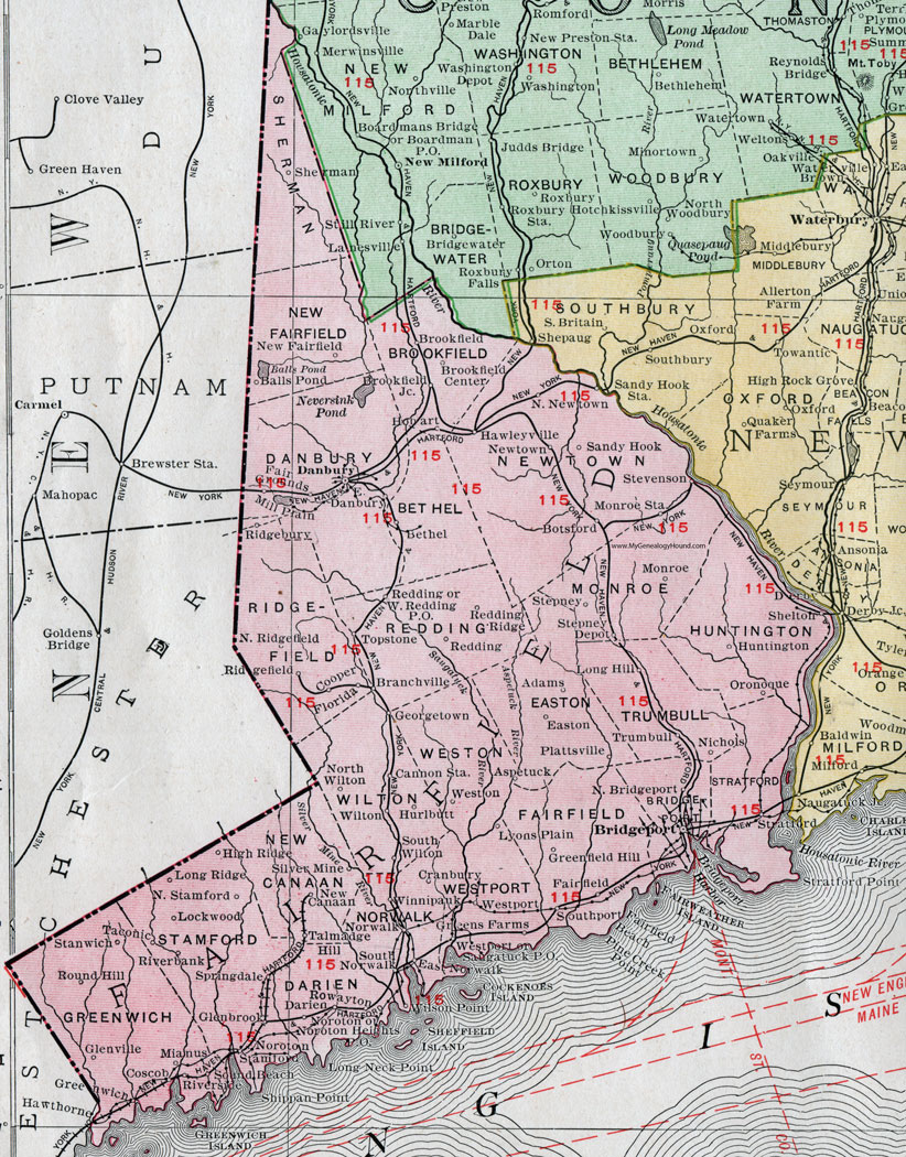 Fairfield County, Connecticut, 1911, Map, Rand McNally, Bridgeport, Danbury, Stratford, Trumbull, Westport, Greenwich, Stamford, Norwalk, Bethel, New Fairfield, Brookfield