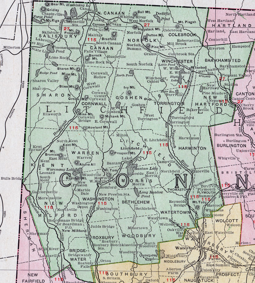 Litchfield County, Connecticut, 1911, Map, Rand McNally, Torrington, Oakville, Winsted, New Milford, Gaylordsville, Woodbury, Bridgewater, Roxbury, Bethlehem, Cornwall