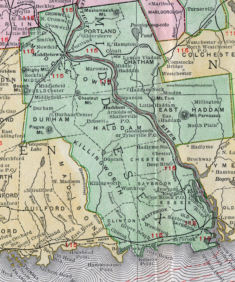 Middlesex County, Connecticut, 1911, Map, Rand McNally, Middletown, Haddam, Westbrook, East Hampton, Clinton, Saybrook, Essex, Deep River, Chester, Killingworth