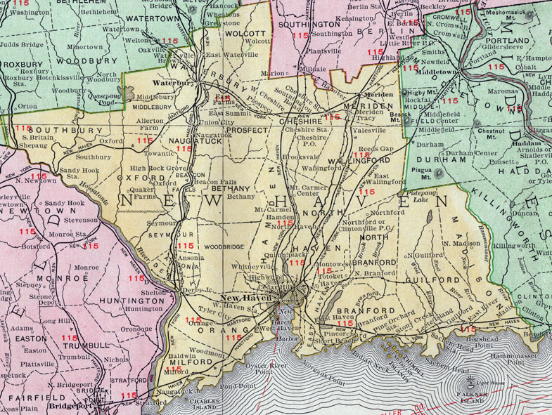 New Haven County, Connecticut, 1911, Map, Rand McNally, Waterbury, Meriden, Wallingford, Milford, Naugatuck, Ansonia, Derby, Seymour, East Haven, West Haven, Branford, Madison, Guilford