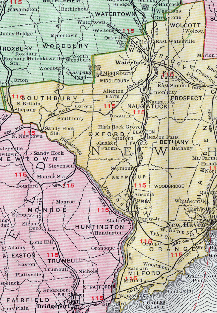 An enlarged view of the western half of New Haven County, Connecticut