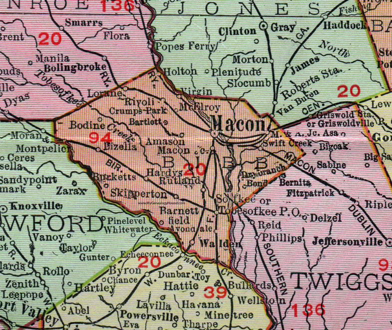 Bibb County, Georgia, 1911, Map, Rand McNally, Macon, Skipperton, Walden, Bartlett, McElroy, Amason, Burketts, Avondale, Sofkee, Tobesofkee, Rivoli, Holton, Rutland