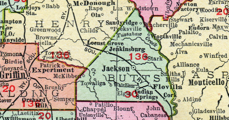 Butts County, Georgia, 1911, Map, Rand McNally, Jackson, Jenkinsburg, Flovilla, Worthville, Towaliga, Stark, Fincherville, Cork, Walthem, Indian Springs, Elgin