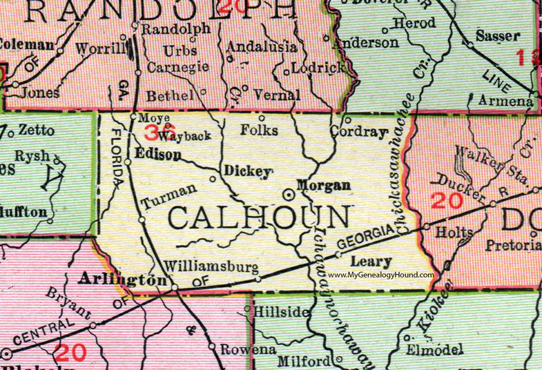 Calhoun County, Georgia, 1911, Map, Rand McNally, Arlington, Morgan, Eidson, Leary, Dickey, Turman, Williamsburg, Cordray, Folks, Moye, Wayback