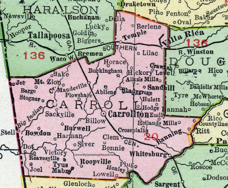 Carroll County Georgia 1911 Map Rand McNally Carrollton Villa