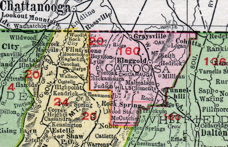 Catoosa County, Georgia, 1911, Map, Rand McNally, Ringgold, Graysville, Boynton, Judson, Millican, Hedrick, Keith, Logan, Malmaison, Clements, Post Oak, Beaumont
