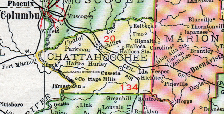 Chattahoochee County, Georgia, 1911, Map, Rand McNally, Cusseta, Ochillee, Jamestown, Eelbeck, Cottage Mills, Uno, Halloca, Parkman, Hurley, Harp, Hitchitee