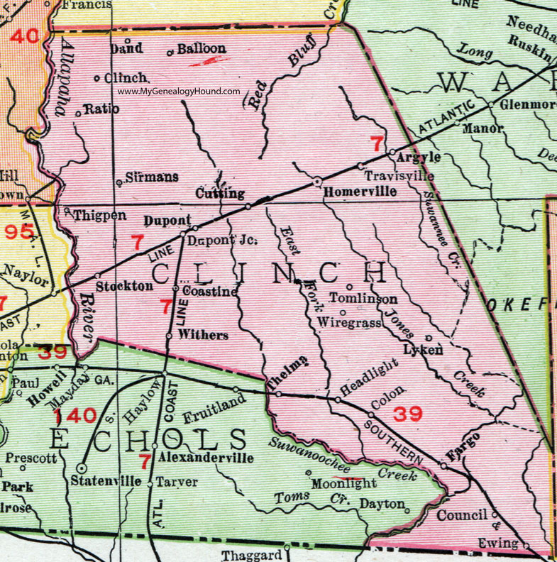Clinch County, Georgia, 1911, Map, Rand McNally, Homerville, DuPont, Fargo, Council, Withers, Argyle, Thigpen, Headlight, Balloon, Travisville, Tomlinson