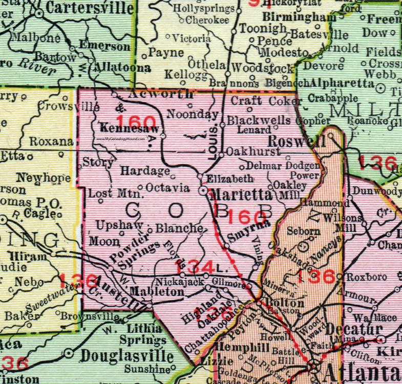 Cobb County, Georgia, 1911, Map, Rand McNally, Marietta, Kennesaw, Smyrna, Acworth, Powder Springs, Noonday, Blackwells, Oakley Mill, Austell, Floyd, Mableton, Oakdale, Vinings