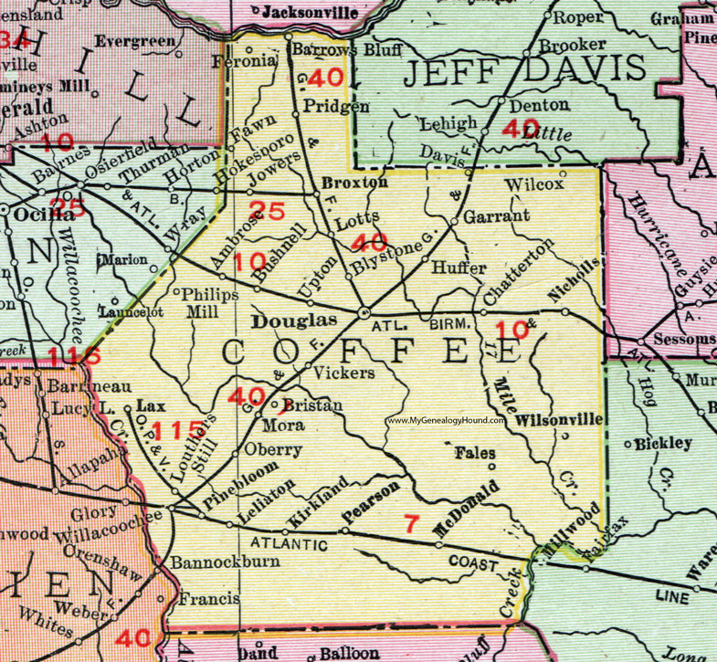 Coffee County, 1911, Map, Rand McNally, Douglas, Nicholls, Broxton