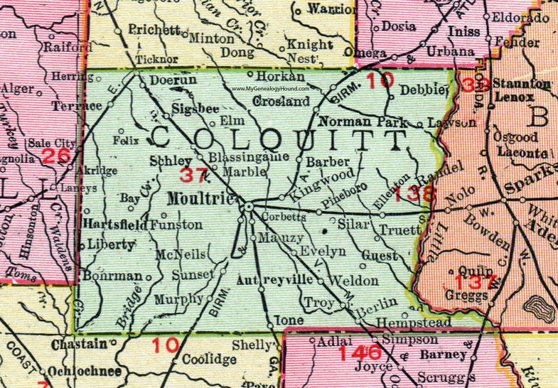 Colquitt County, Georgia, 1911, Map, Rand McNally, Moultrie, Doerun, Norman Park, Ellenton, Berlin, Funston, Hartsfield, Sigsbee, Autreyville, Silar, Truett, Weldon, Schley