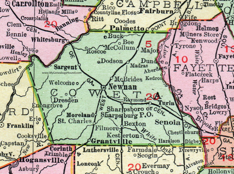 Coweta County Georgia 1911 Map Rand McNally Newnan Senoia Grantville