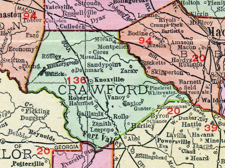 Crawford County, Georgia, 1911, Map, Rand McNally, Knoxville, Roberta, Musella, Lee Pope, Zarax, Moran, Ceres, Walrick, Hammet, Robley, Zenith, Rollo, Gunter