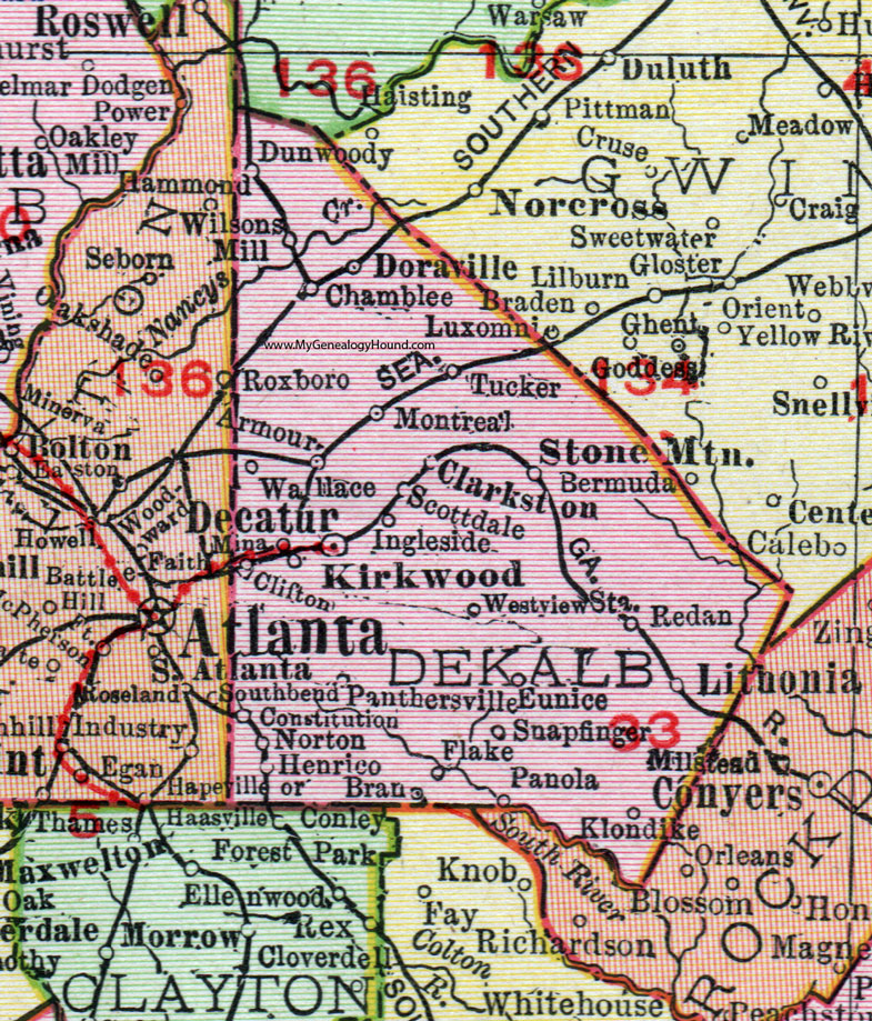 DeKalb County Georgia 1911 Map Rand McNally Decatur Dunwoody