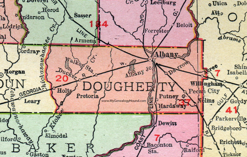 Dougherty County, Georgia, 1911, Map, Rand McNally, Albany, Putney, Darrow, Ducker, Pretoria, Holts, Acree, Pecan City, Nelms, Hardaway, Walker Station