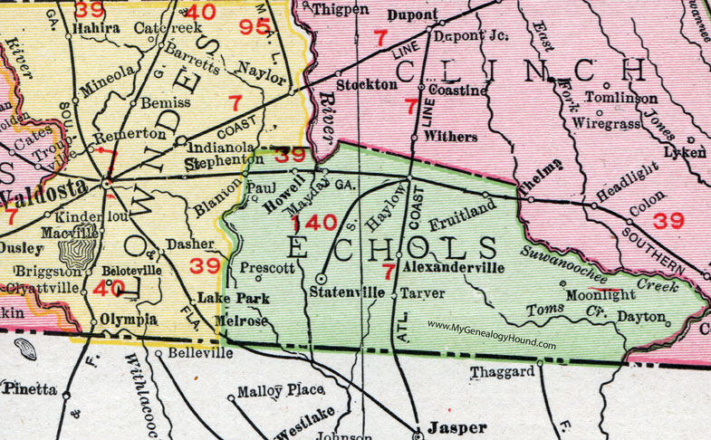 Echols County, Georgia, 1911, Map, Rand McNally, Statenville, Tarver, Haylow, Dayton, Fruitland, Mayday, Howell, Prescott, Paul, Moonlight, Alexanderville