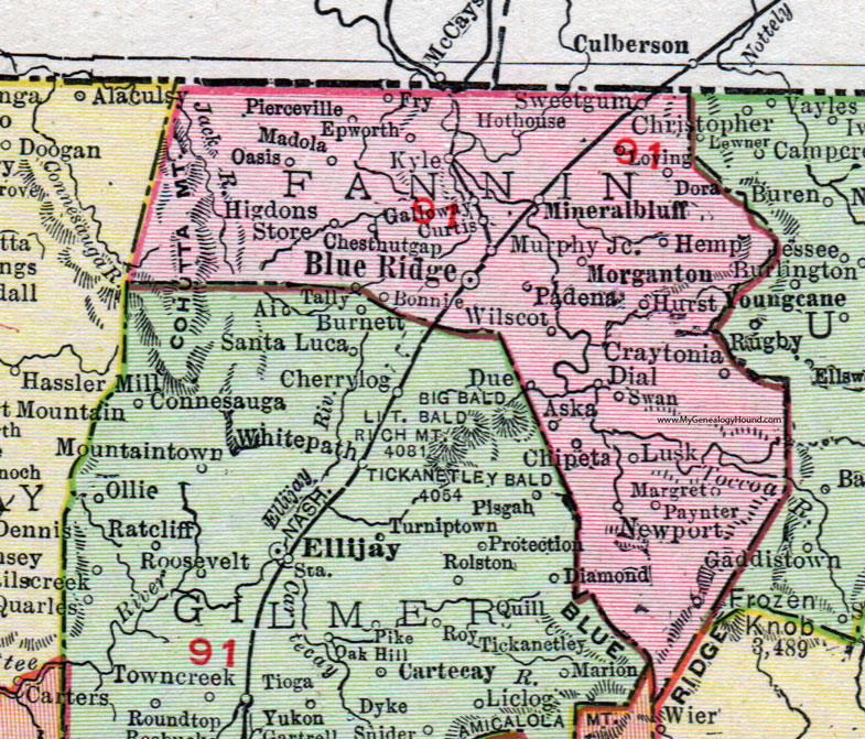 Fannin County, Georgia, 1911, Map, Rand McNally, Blue Ridge, Epworth, Mineral Bluff, Morganton, Murphy Junction, Higdons Store, Wilscot, Chipeta, Craytonia, Pierceville, Hothouse, Madola, Oasis