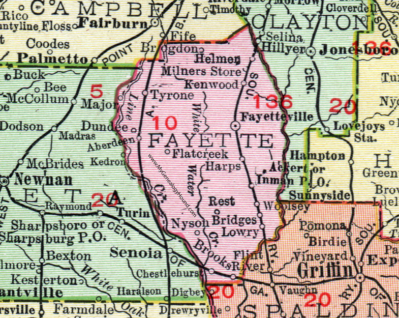 Fayette County, Georgia, 1911, Map, Rand McNally, Fayetteville, Tyrone, Brooks, Inman, Aberdeen, Dundee, Nyson, Woolsey, Lowry, Helmer, Brogdon, Milners Store, Kenwood, Flatcreek, Harp