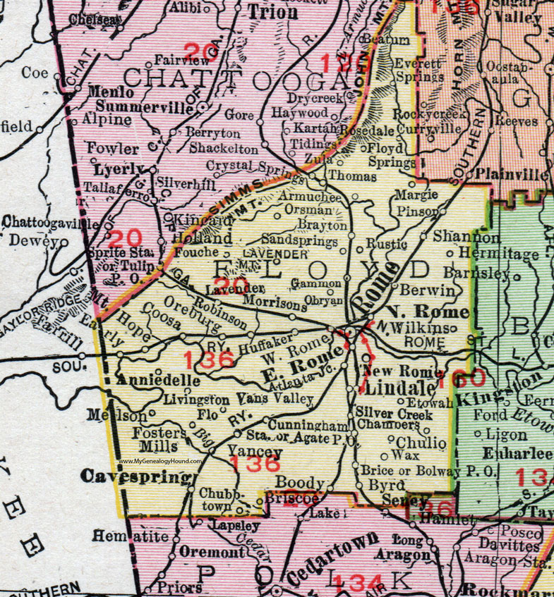 Floyd County, 1911, Map, Rand McNally, Rome, Cave Spring, Lindale