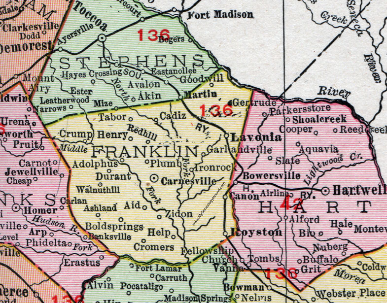 Franklin County, 1911, Map, Rand McNally, Carnesville, Lavonia