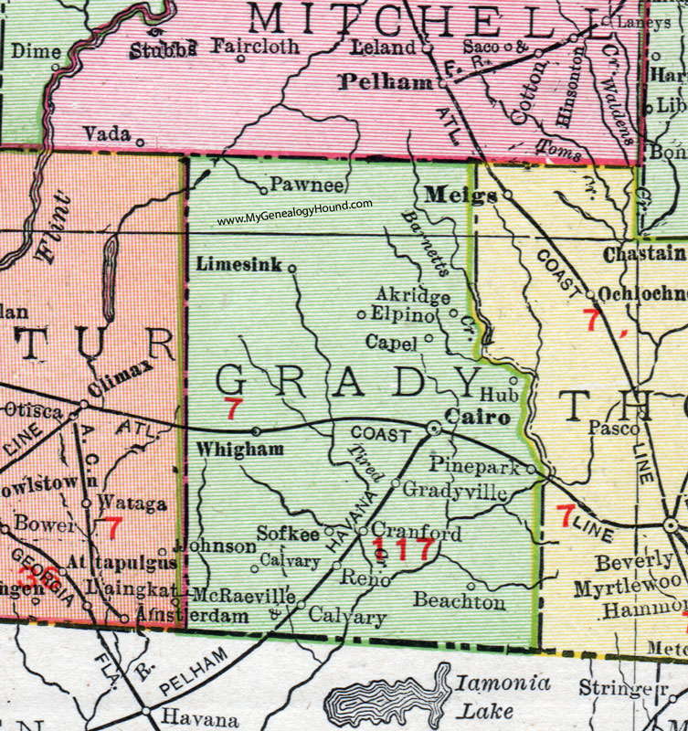 Grady County, Georgia, 1911, Map, Rand McNally, Cairo, Whigham, Calvary, Sofkee, Pawnee, Limesink, Reno, Cranford, Beachton, Akridge, Elpino, Capel, Pine Park, Gradyville, Hub