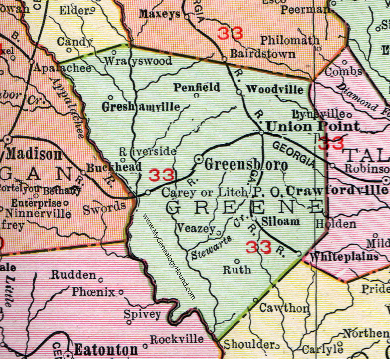 Greene County, Georgia, 1911, Map, Rand McNally, Greensboro, Union Point, Siloam, White Plains, Woodville, Wrayswood, Greshamville, Penfield, Riverside, Carey, Siloam, Veazey, Ruth, Litch