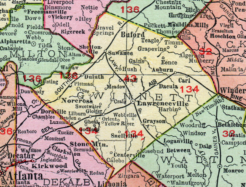 Gwinnett County, Georgia, 1911, Map, Rand McNally, Lawrenceville, Norcross, Buford, Dacula, Grayson, Snellville, Suwanee, Duluth, Pittman, Lilburn, Gloster, Auburn, Teagle, Harbin, Ghent