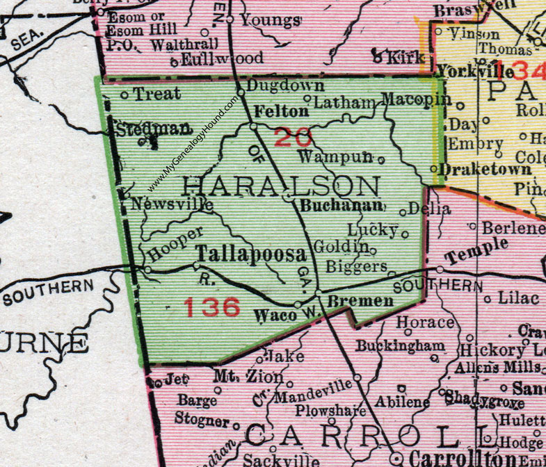 Haralson County, Georgia, 1911, Map, Buchanan, Tallapoosa, Bremen, Felton, Waco, Stedman, Wampun, Latham, Dugdown, Delia, Treat. Newsville, Hooper, Lucky, Goldin, Biggers