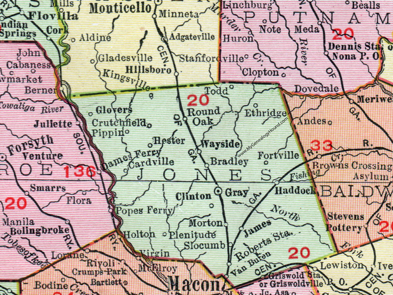 Jones County, Georgia, 1911, Map, Gray, Griswoldville, Haddock, Wayside, Round Oak, James, Crutchfield, Ethridge, Fortville, Pippin, Glovers, Cardville, Plenitude, Slocumb, Bradley, Morton, Todd, Griswold, Hester, Kingsville