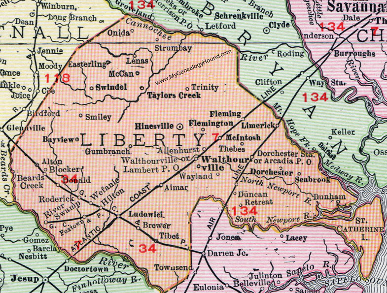 Liberty County, 1911, Map, Hinesville, Walthourville, Ludowici