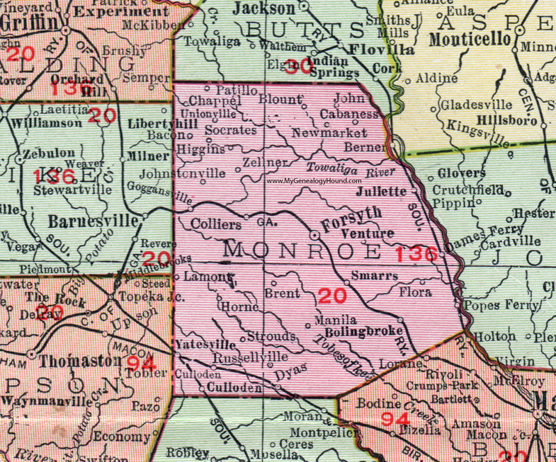 Monroe County, Georgia, 1911, Map, Forsyth, Bolingbroke, Juliette, Smarr, Culloden