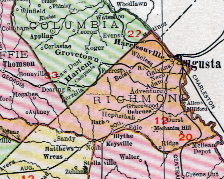 Richmond County, Georgia, 1911, Map, Rand McNally, Augusta, Gracewood, Harrisonville