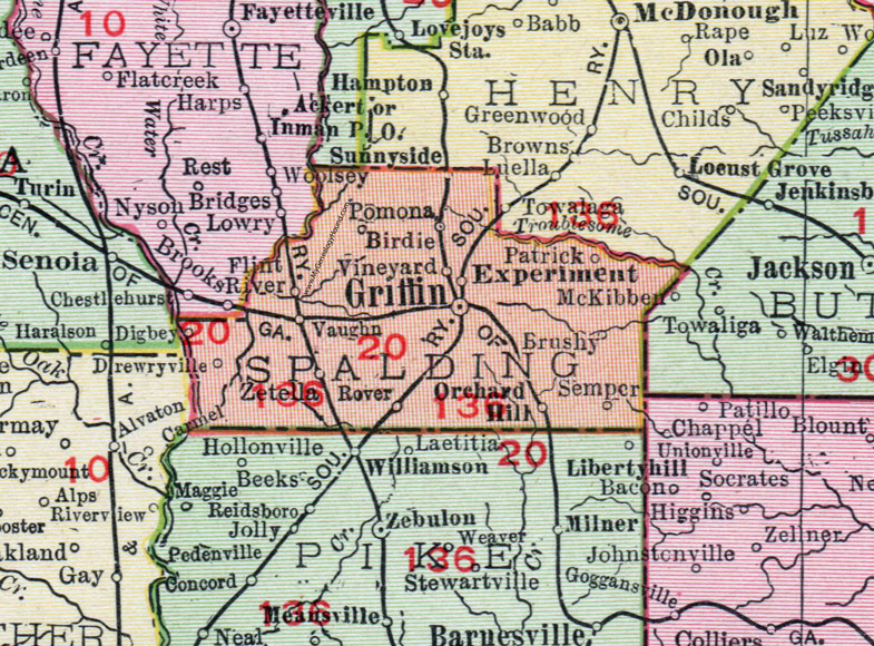 Spalding County, Georgia, 1911, Map, Griffin, Experiment, Sunnyside, Orchard Hill, Vineyard