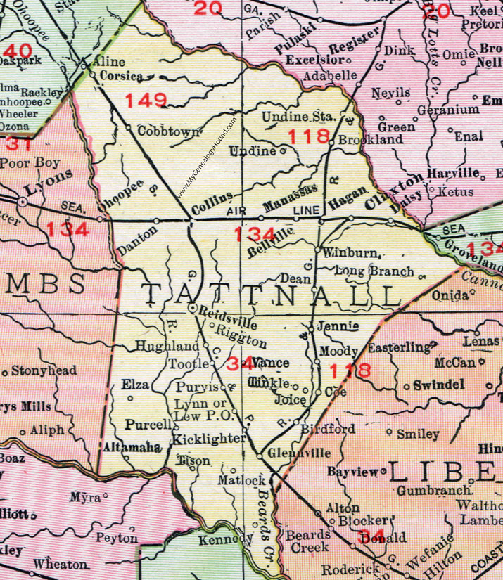 Tattnall County, Georgia, 1911, Map, Reidsville, Claxton, Glennville, Collins, Hagan, Cobbtown, Manassas