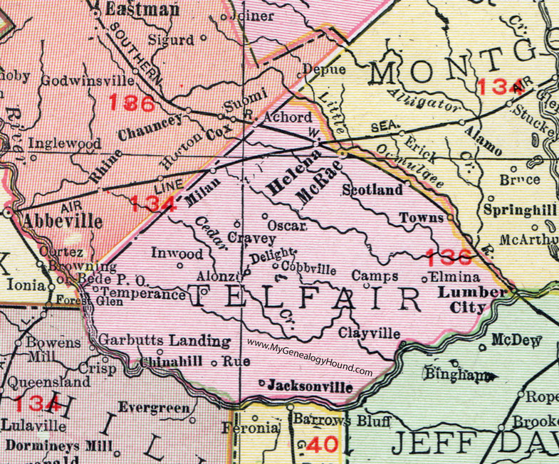 Telfair County, Georgia, 1911, Map, McRae, Helena, Milan, Lumber City, Jacksonville