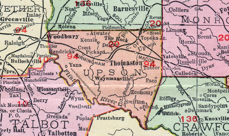 Upson County, Georgia, 1911, Map, Thomaston, The Rock, Topeka Junction, Waymanville, Swifton, Atwater
