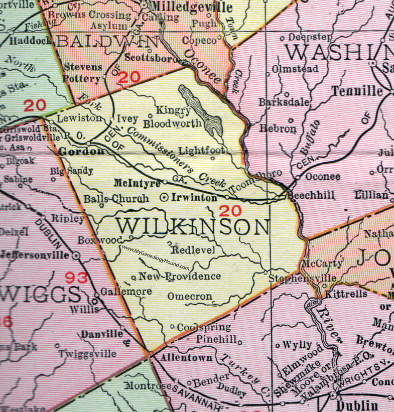 Wilkinson County, Georgia, 1911, Map, Irwinton, Gordon, McIntyre, Toomsboro, Bloodworth, Omecron